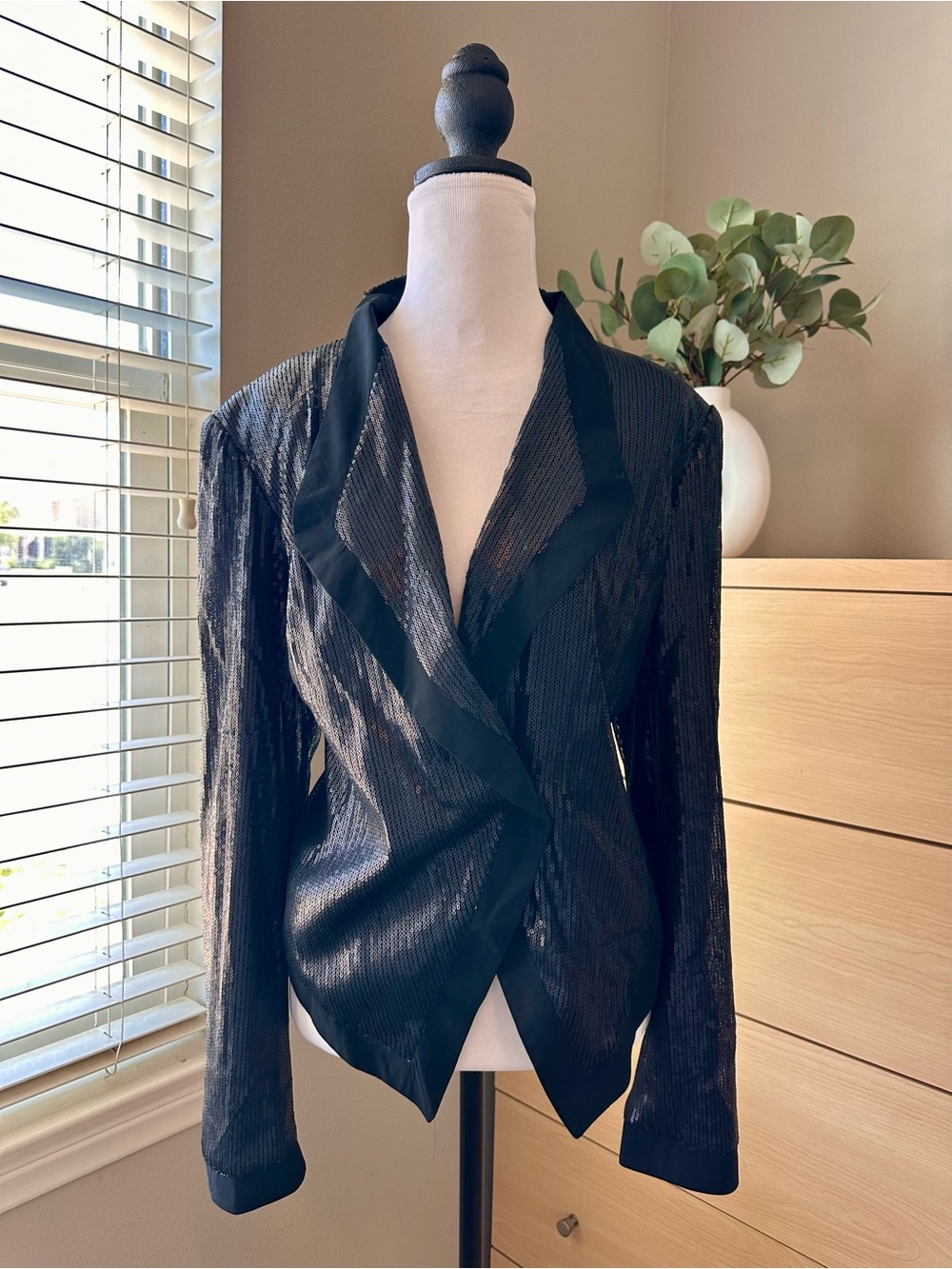 INC International Concepts Black Sequin, Satin-Trim Draped Blazer